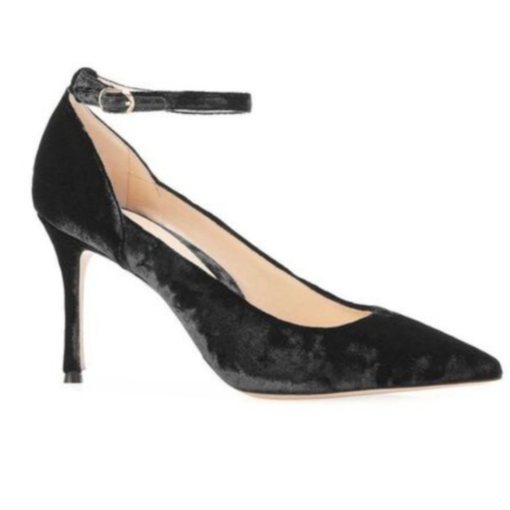 New With Box Marion Parke Muse Crushed Velvet Black Ankle Strap Stiletto Pump 39